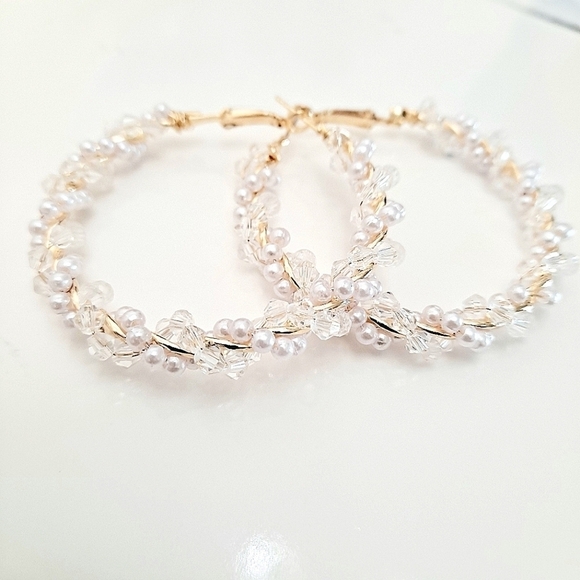 Gold hoop earrings Beaded Statement Boho faux Pearl chunky twist 💖2/$30 - Picture 7 of 14